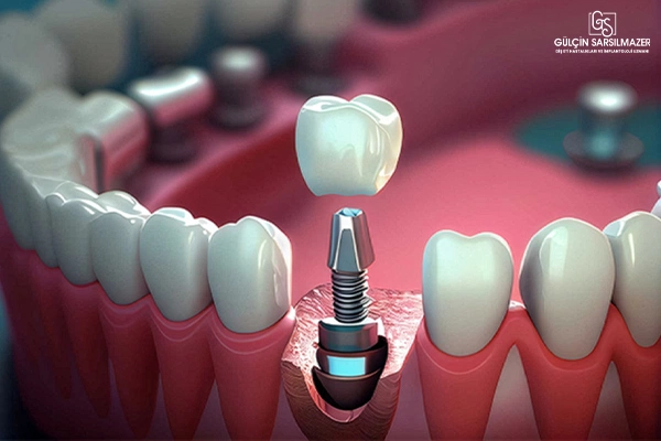 Diş eti ve çene kemiği içine yerleştirilmiş titanyum vida üzerine protez diş yerleştirilmesini gösteren 3D görsel