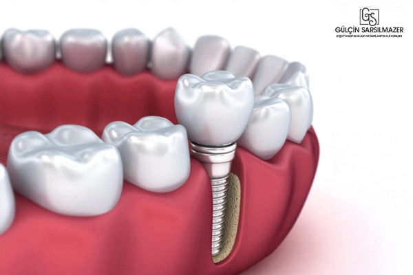 Diş eti ve çene kemiği içinde konumlandırılmış bir diş implantının 3D görseli